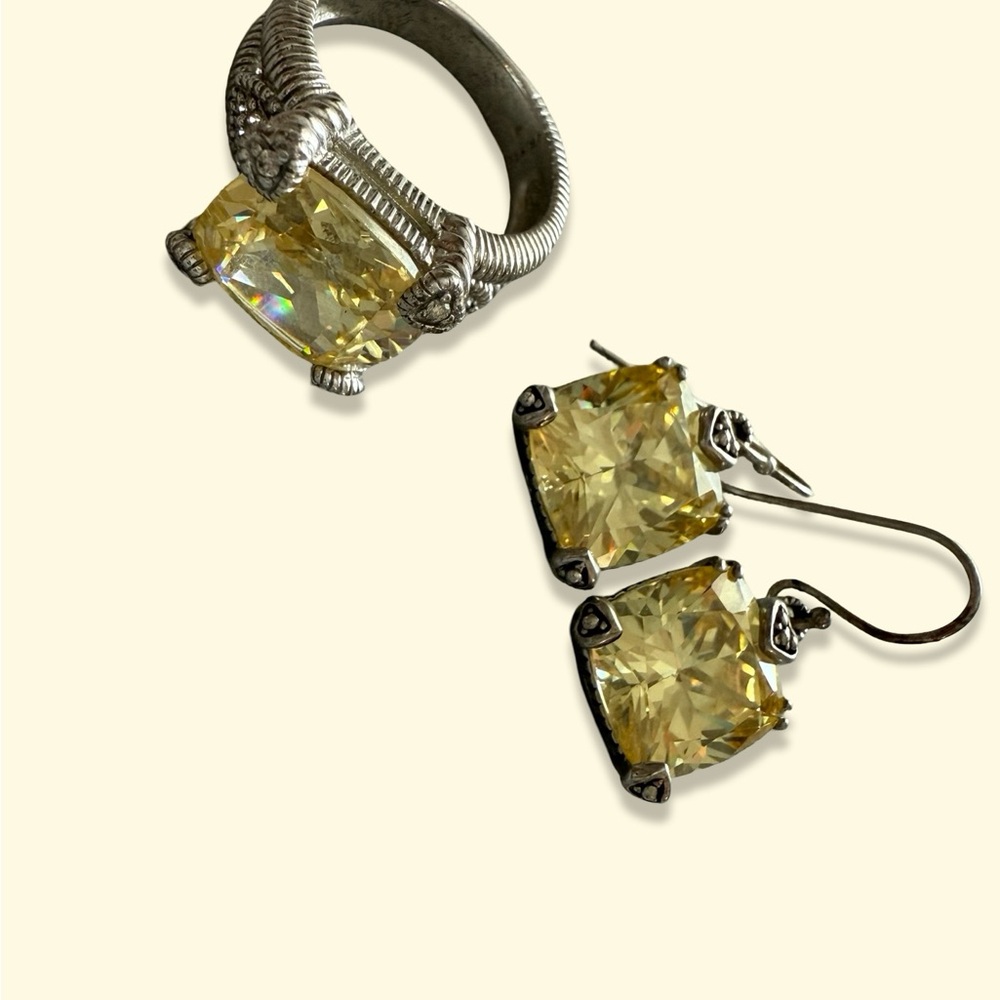 Judith‎ Ripka Silver Ring and Earring Set with Yellow Stone